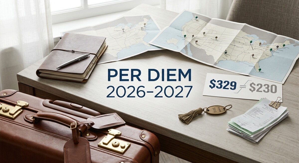Business traveler and the 2026–2027 IRS per diem rates ($329 high-cost / $230 other CONUS)