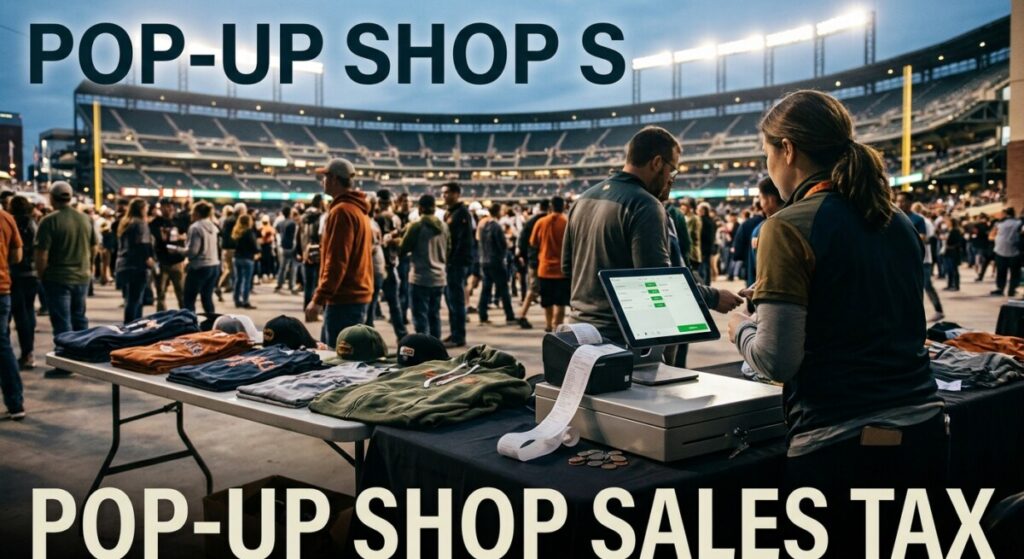 Pop-up shop sales tax: a temporary merch booth near SoFi Stadium with a tablet point-of-sale
