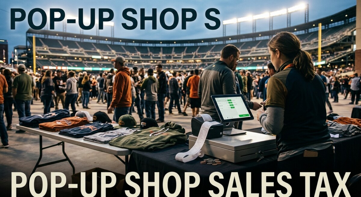 Pop-up shop sales tax: a temporary merch booth near SoFi Stadium with a tablet point-of-sale