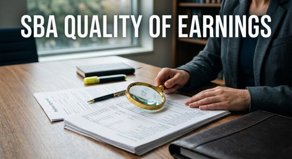 SBA quality of earnings review of a 7(a) acquisition deal on a conference table