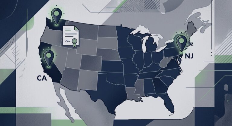 Editorial illustration of a US map with three state pins for a state tax update