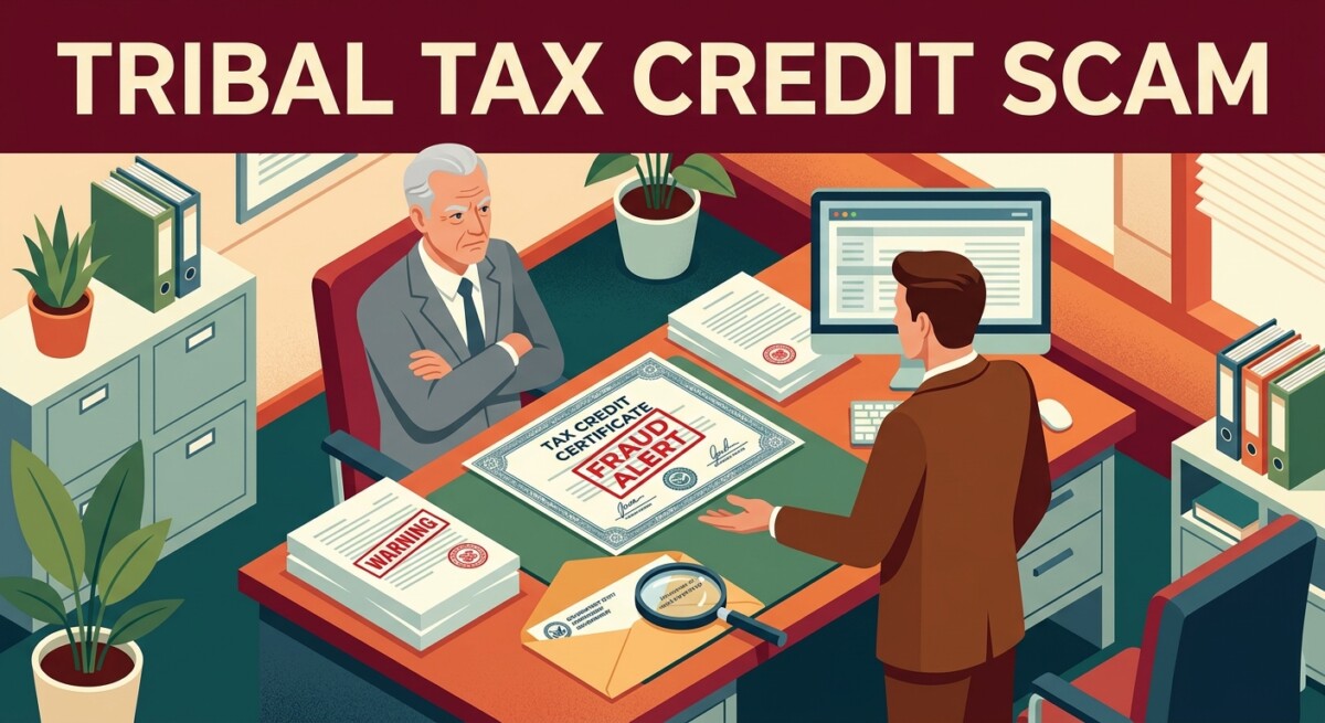 Tribal Tax Credit scam: a forged federal tax credit certificate stamped with a fraud warning