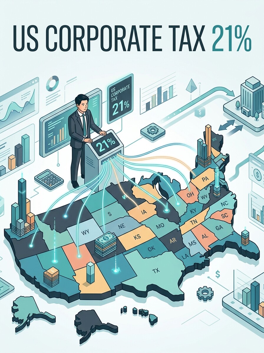 Editorial card showing the U.S. corporate tax rate for 2026: 21% federal plus state corporate income taxes for a Korean-owned U.S. subsidiary.