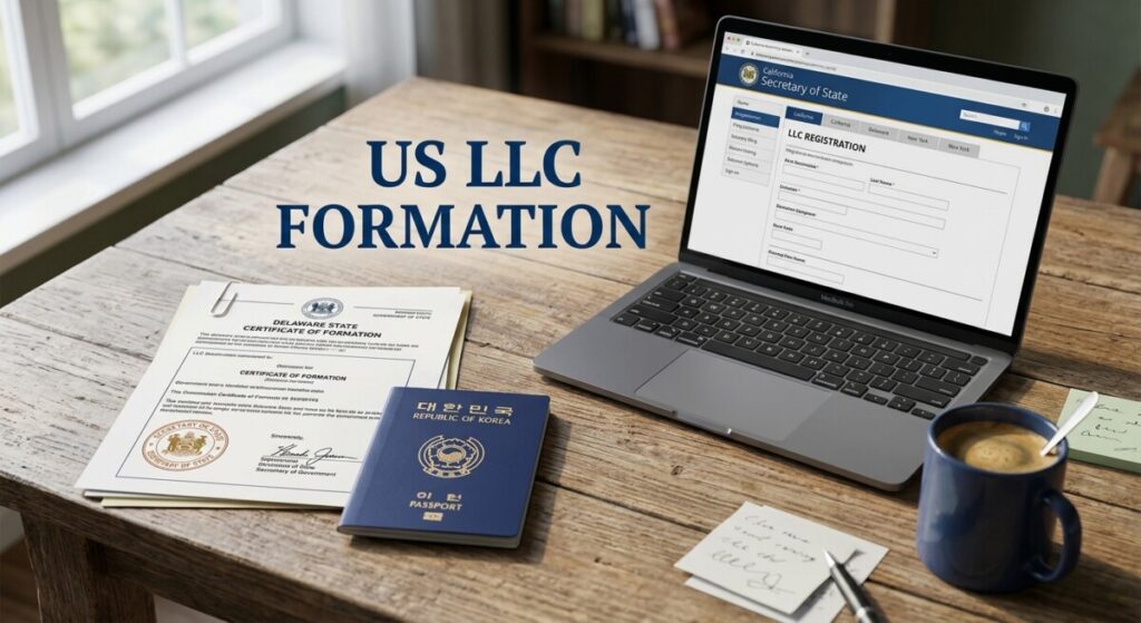 Overhead view of a US LLC formation packet on a founder's desk — a stamped state certificate, a passport, and a laptop showing a Secretary of State website.