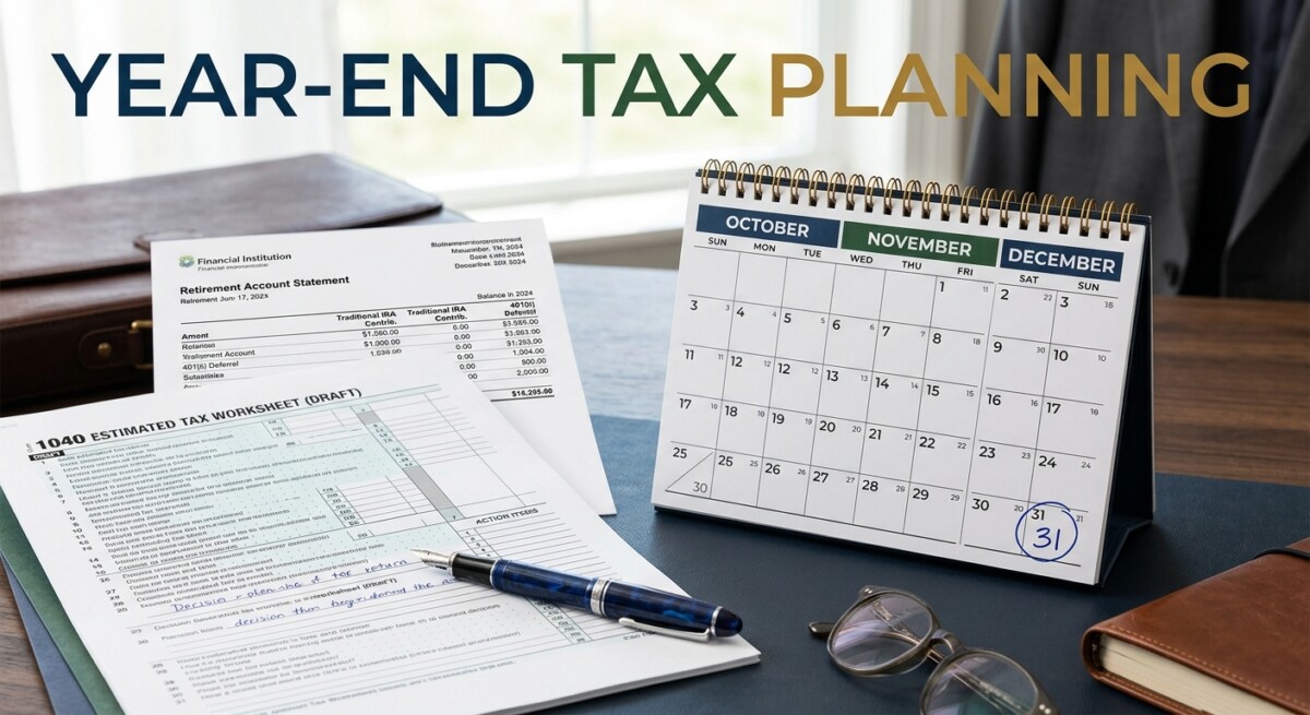 Year-end tax planning: a Q4 calendar and retirement statement on a high earner's desk
