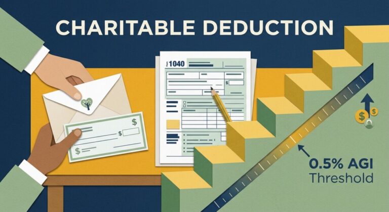 Charitable deduction under OBBBA: a donation envelope beside a tax form and a rising threshold shape