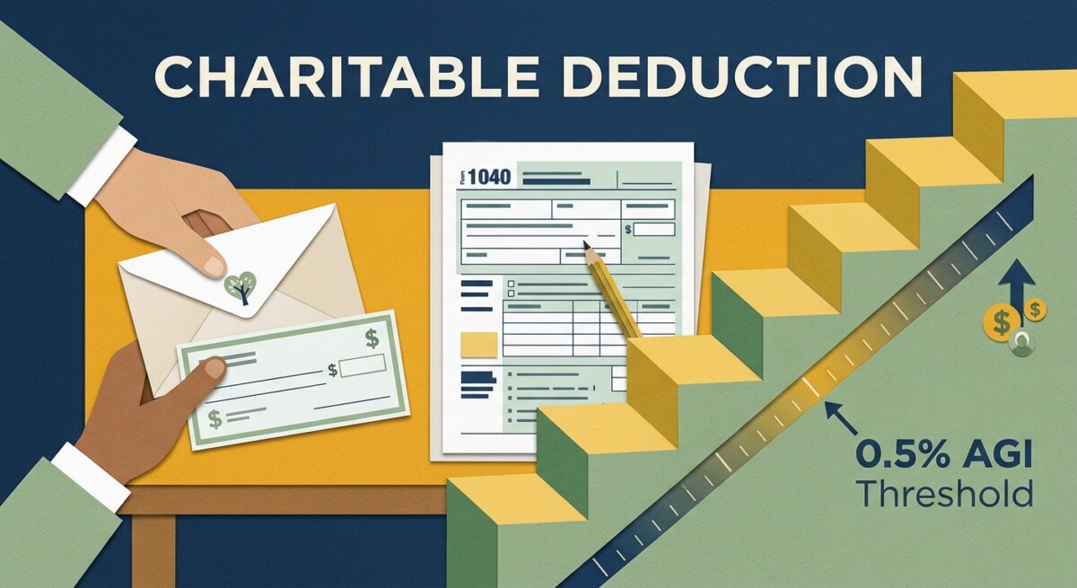 Charitable deduction under OBBBA: a donation envelope beside a tax form and a rising threshold shape