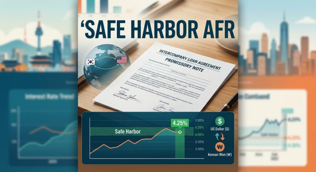 Illustration of a cross-border intercompany loan agreement between a Korean parent company and a US subsidiary with an interest-rate chart.