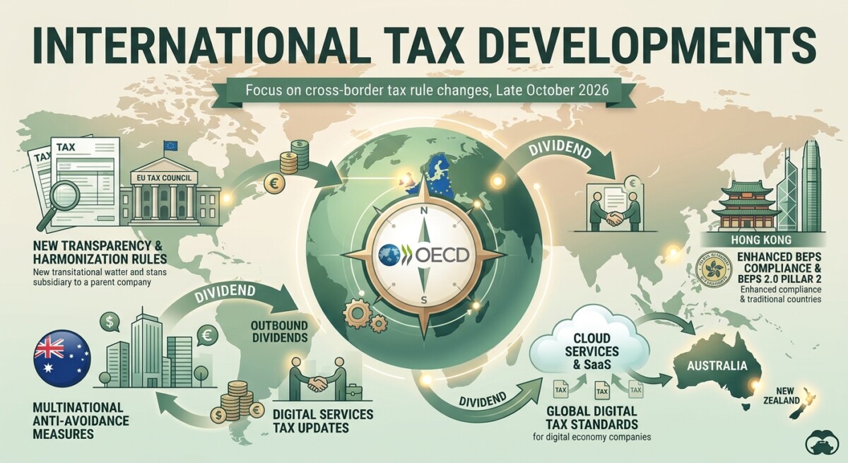 A world map highlighting the European Union, New Zealand, Hong Kong, Australia, and the OECD, illustrating international tax developments from late October 2026.