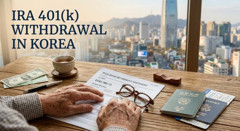Illustration for a 2026 guide on US tax treatment of IRA and 401(k) withdrawals for US citizens living in Korea.