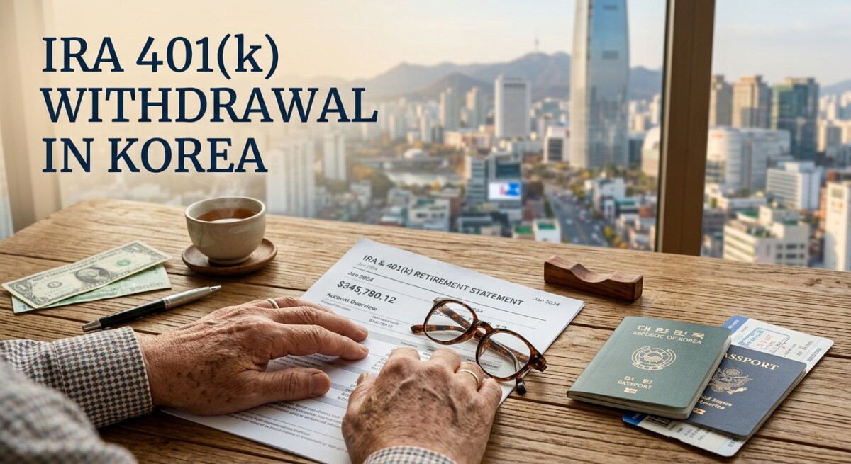 Illustration for a 2026 guide on US tax treatment of IRA and 401(k) withdrawals for US citizens living in Korea.