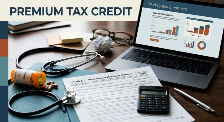 Premium tax credit under OBBBA: a 1095-A form, a calculator, and marketplace enrollment reconciled on a desk