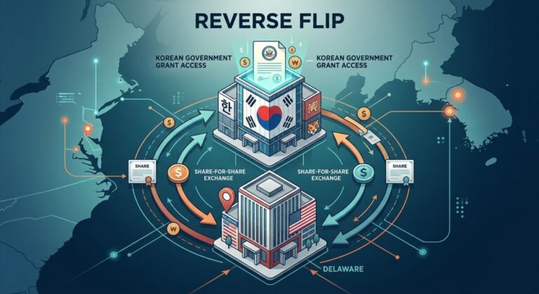 Diagram concept of a reverse flip Korea reorganization: a US Delaware C-Corp becoming a subsidiary of a new Korean holding company.