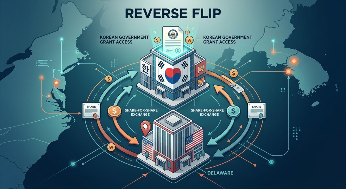 Diagram concept of a reverse flip Korea reorganization: a US Delaware C-Corp becoming a subsidiary of a new Korean holding company.