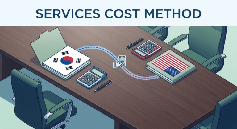 A corporate boardroom table with two folders representing a Korean parent and a US subsidiary connected by an intercompany services invoice line.
