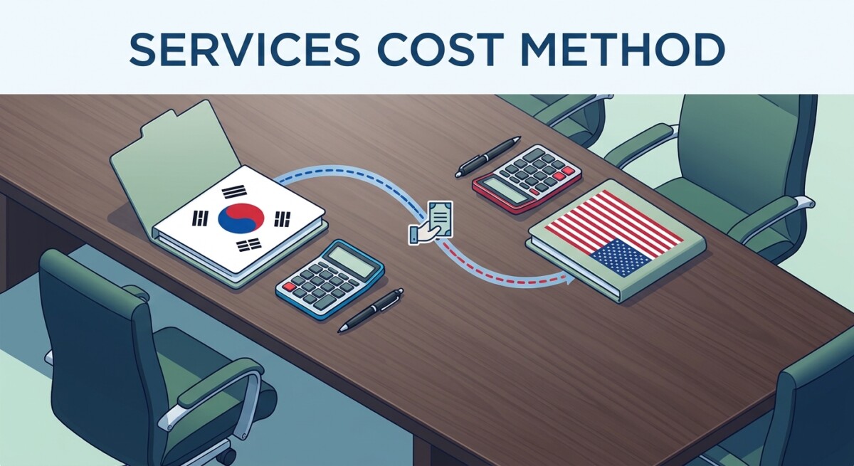 A corporate boardroom table with two folders representing a Korean parent and a US subsidiary connected by an intercompany services invoice line.