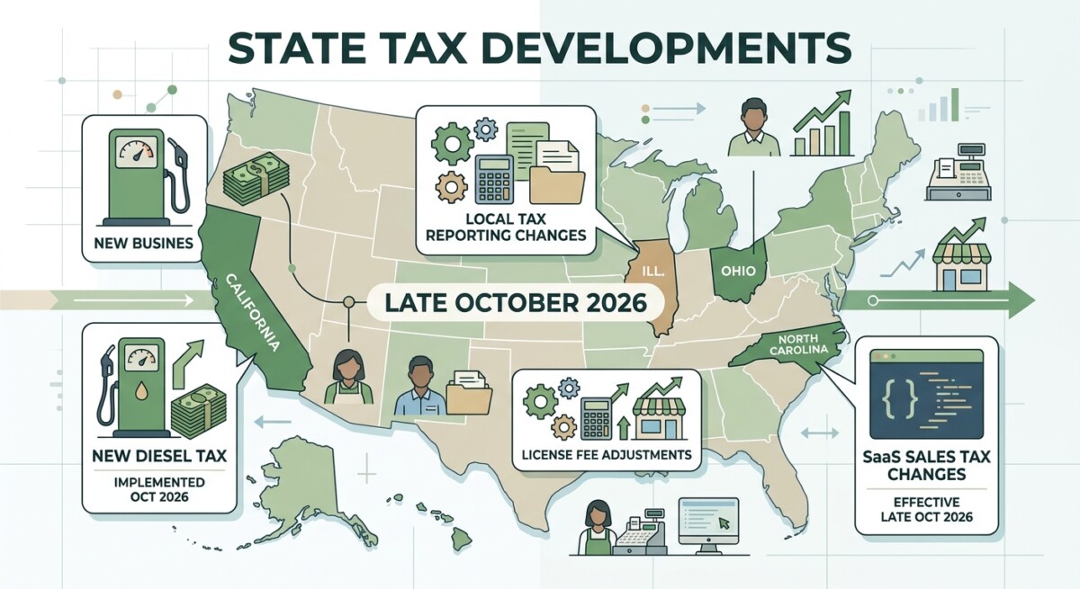 A U.S. map highlighting California, Illinois, Ohio, and North Carolina with icons for software and diesel fuel, illustrating state tax developments from late October 2026.