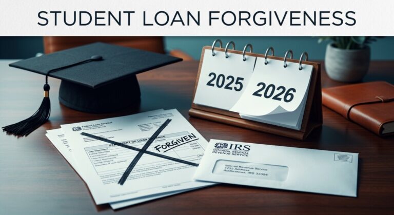 Student loan forgiveness taxed again in 2026: a graduation cap next to an IRS tax notice