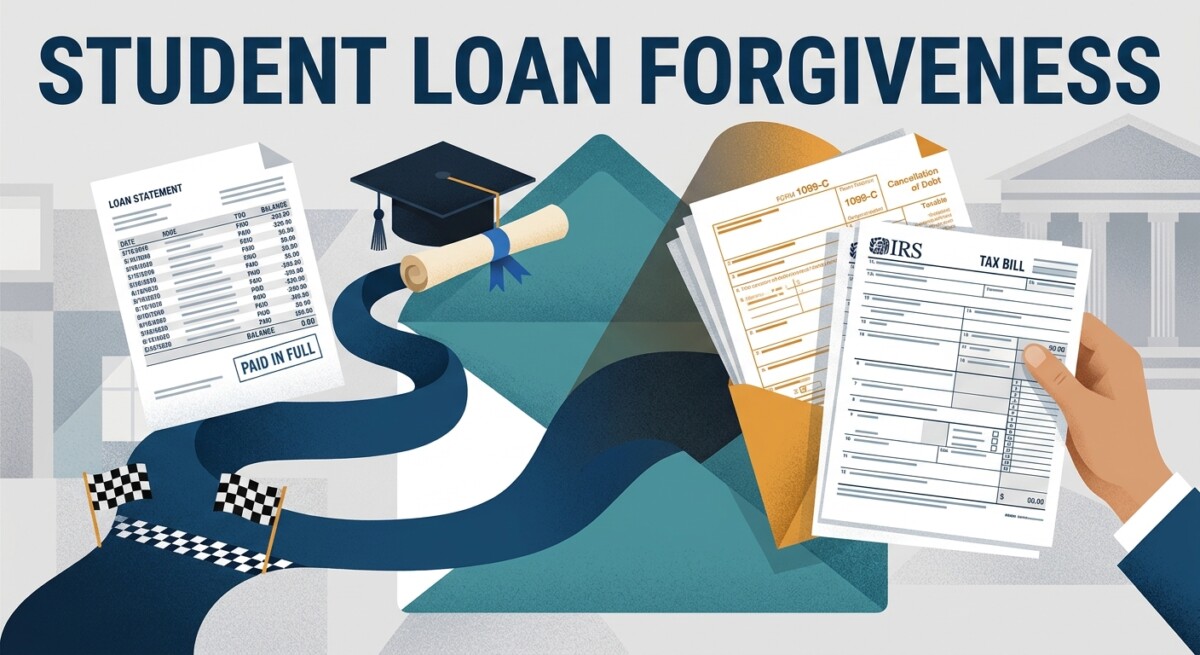 Student loan forgiveness tax in 2026: a long-paid loan ends, a Form 1099-C arrives next