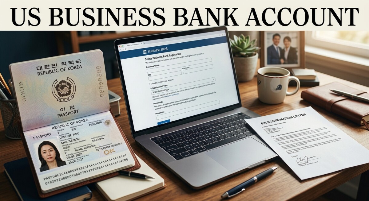 A desk with a passport, a laptop opening an online business bank application, and a printed EIN confirmation letter.