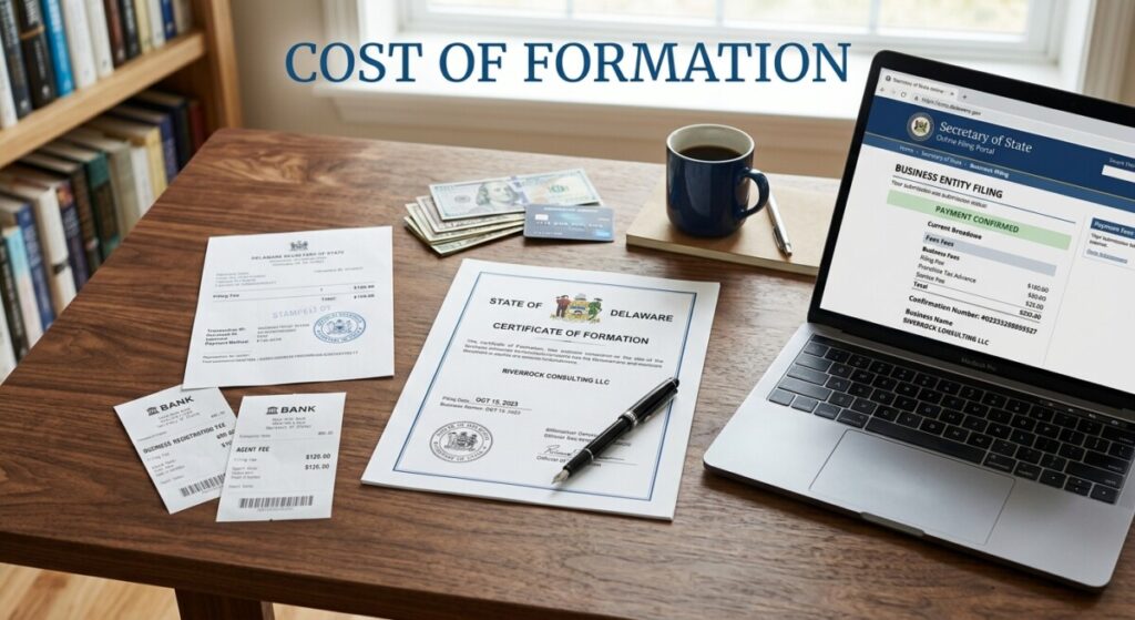 US business certificate of formation on a desk beside state filing-fee receipts and a Secretary of State portal on a laptop.