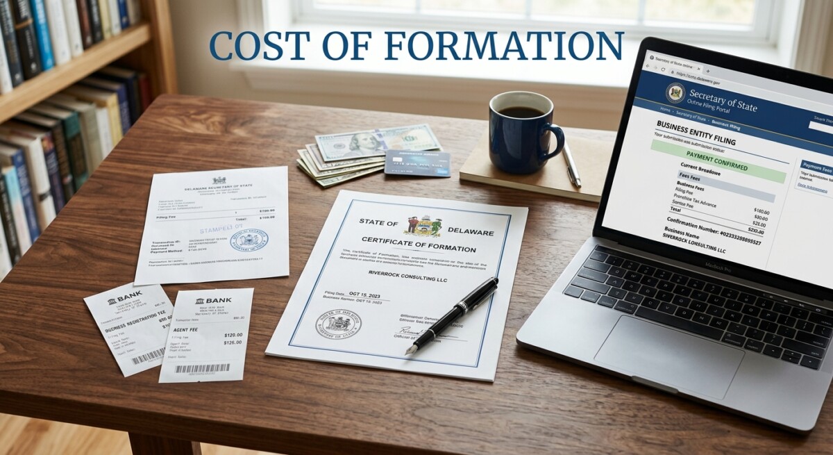US business certificate of formation on a desk beside state filing-fee receipts and a Secretary of State portal on a laptop.