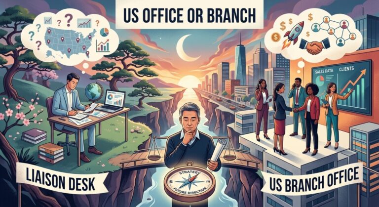 Side-by-side depiction of a US representative office and a US branch, contrasting the two US presence options a Korean parent company must choose between.