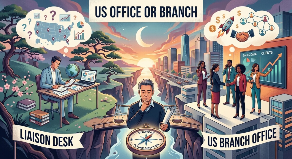 Side-by-side depiction of a US representative office and a US branch, contrasting the two US presence options a Korean parent company must choose between.