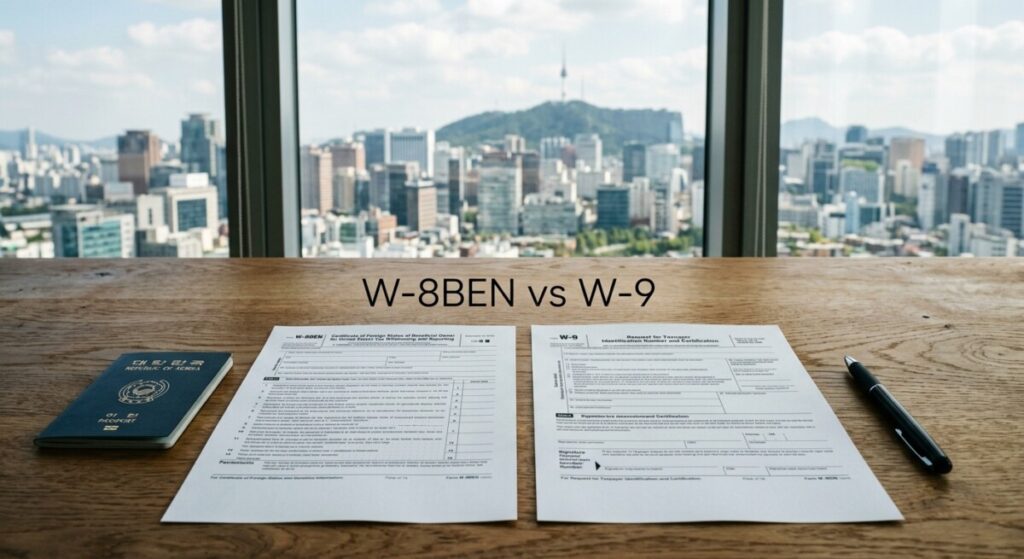 Two blank US tax forms, W-8BEN and W-9, on a desk beside a passport, illustrating the FATCA documentation Korean banks require.