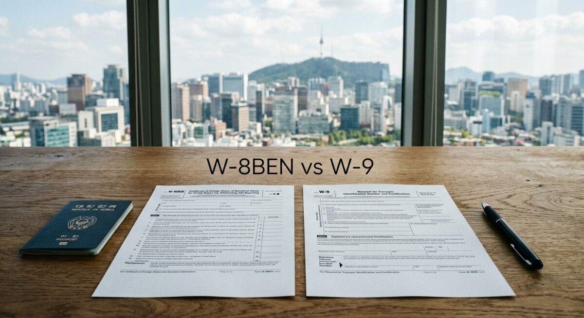 Two blank US tax forms, W-8BEN and W-9, on a desk beside a passport, illustrating the FATCA documentation Korean banks require.