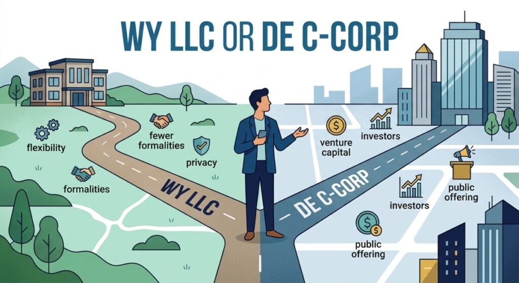 Comparison of a Wyoming LLC and a Delaware C-Corporation for a solo founder choosing an entity structure in 2026.