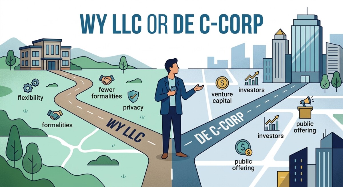 Comparison of a Wyoming LLC and a Delaware C-Corporation for a solo founder choosing an entity structure in 2026.